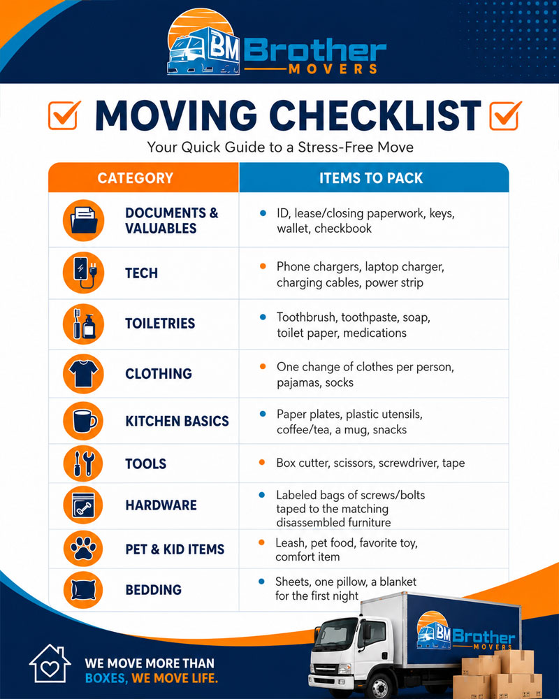 Brother Movers moving checklist infographic showing documents, tech, toiletries, and essentials box categories
